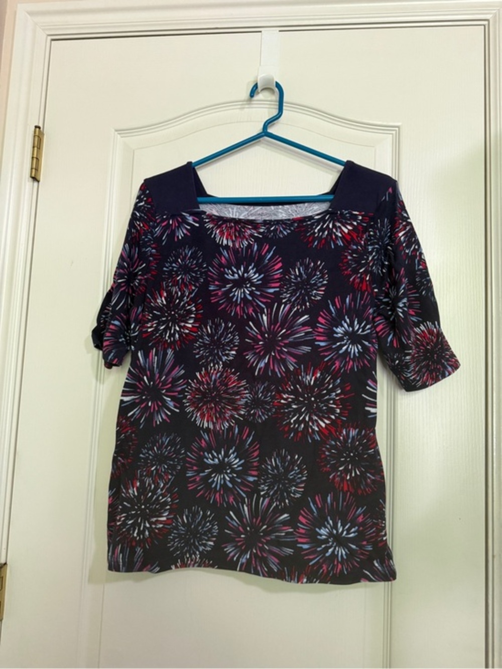 croft & barrow Navy Square-Neck Firework Print Short Sleeve Top